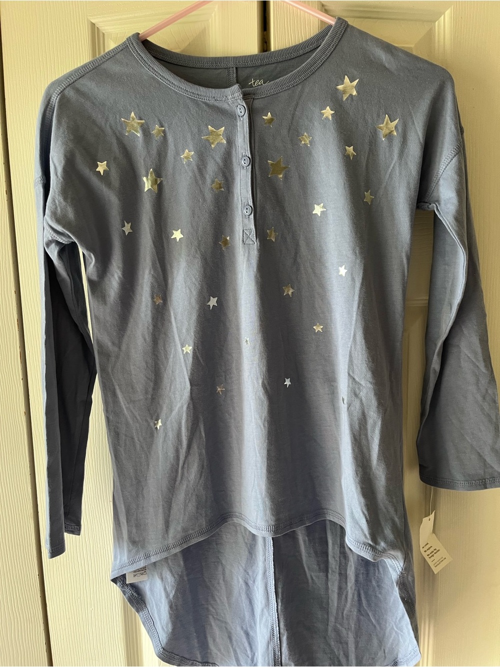 Tea Collection Slate Blue Long Sleeve Henley with Silver Stars